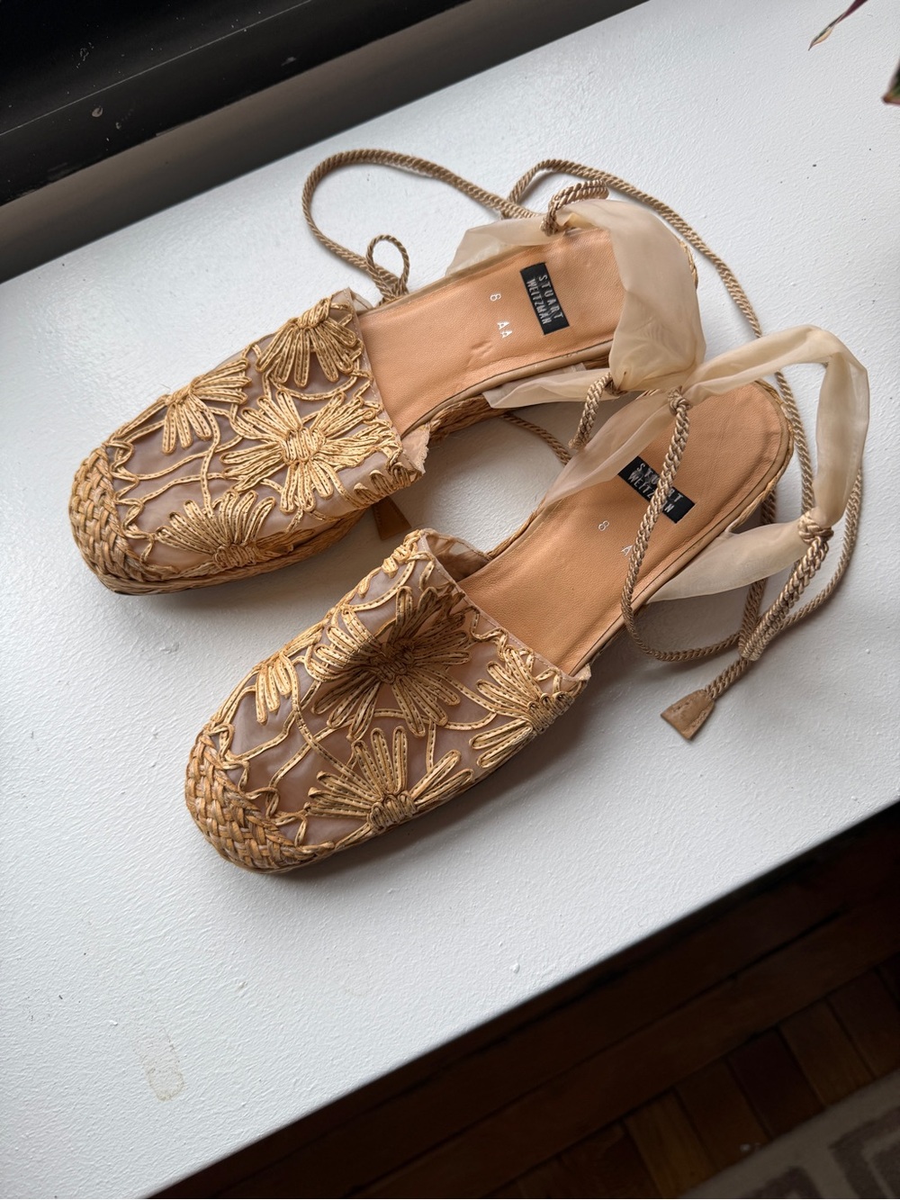Stuart Weitzman Tan Woven Espadrille Ankle-Tie Sandals